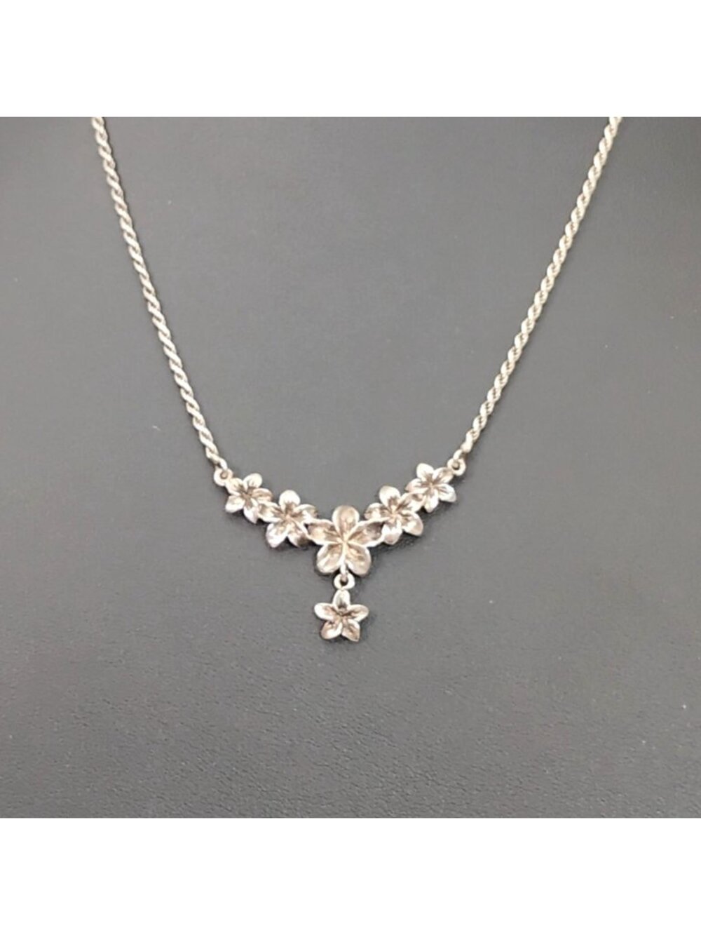 925 Sterling Silver Plumeria Dangle Necklace Designer Signed MP 16 1/2" long